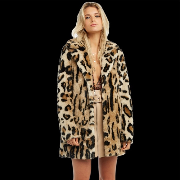 Bardot Jackets & Blazers - Leopard Print Faux Fur Coat - Beige/Tan
